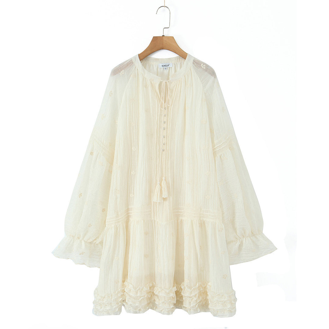 Women's Romantic Mini Tunic Dress with Ruffles and Balloon Sleeves Mune Fashion