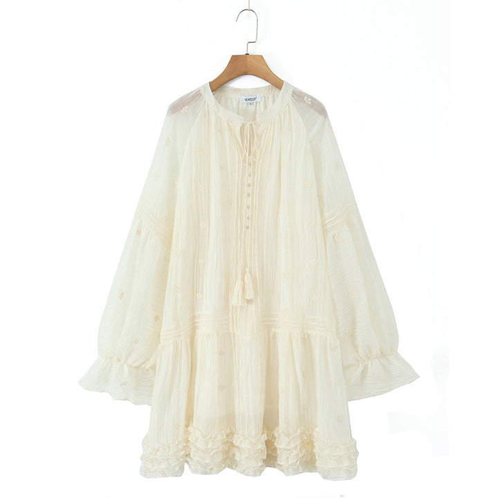 Women's Romantic Mini Tunic Dress with Ruffles and Balloon Sleeves Mune Fashion