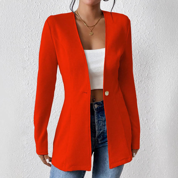 Women's Tailored Collarless Long Blazer with Single Button Closure Mune Fashion