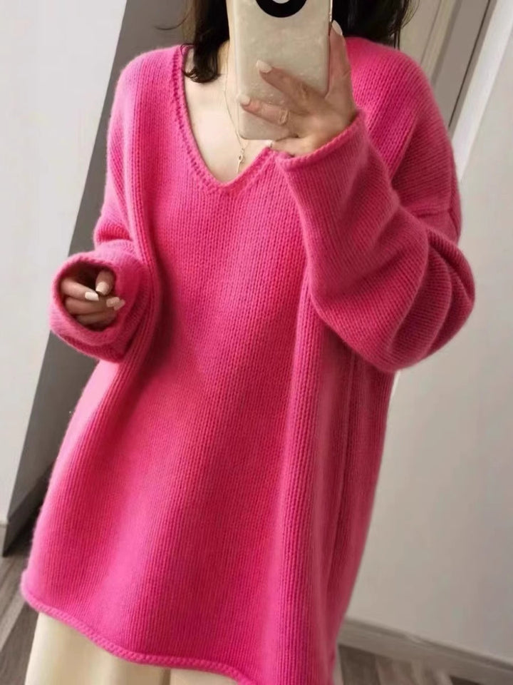 Ladies Oversize V-neck Pullover in Mohair look with drop shoulder and rounded hem Mune Fashion