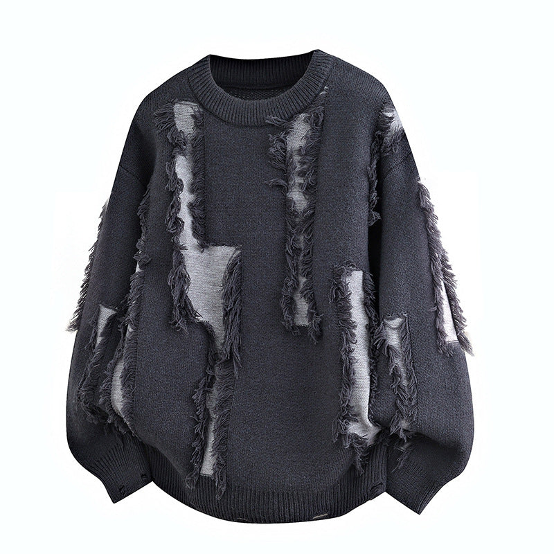 Men's Oversized Knit Sweater with Fringe Applications and Balloon Sleeves Mune Fashion
