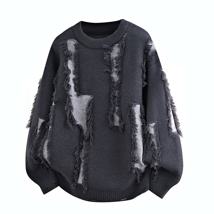 Men's Oversized Knit Sweater with Fringe Applications and Balloon Sleeves Mune Fashion