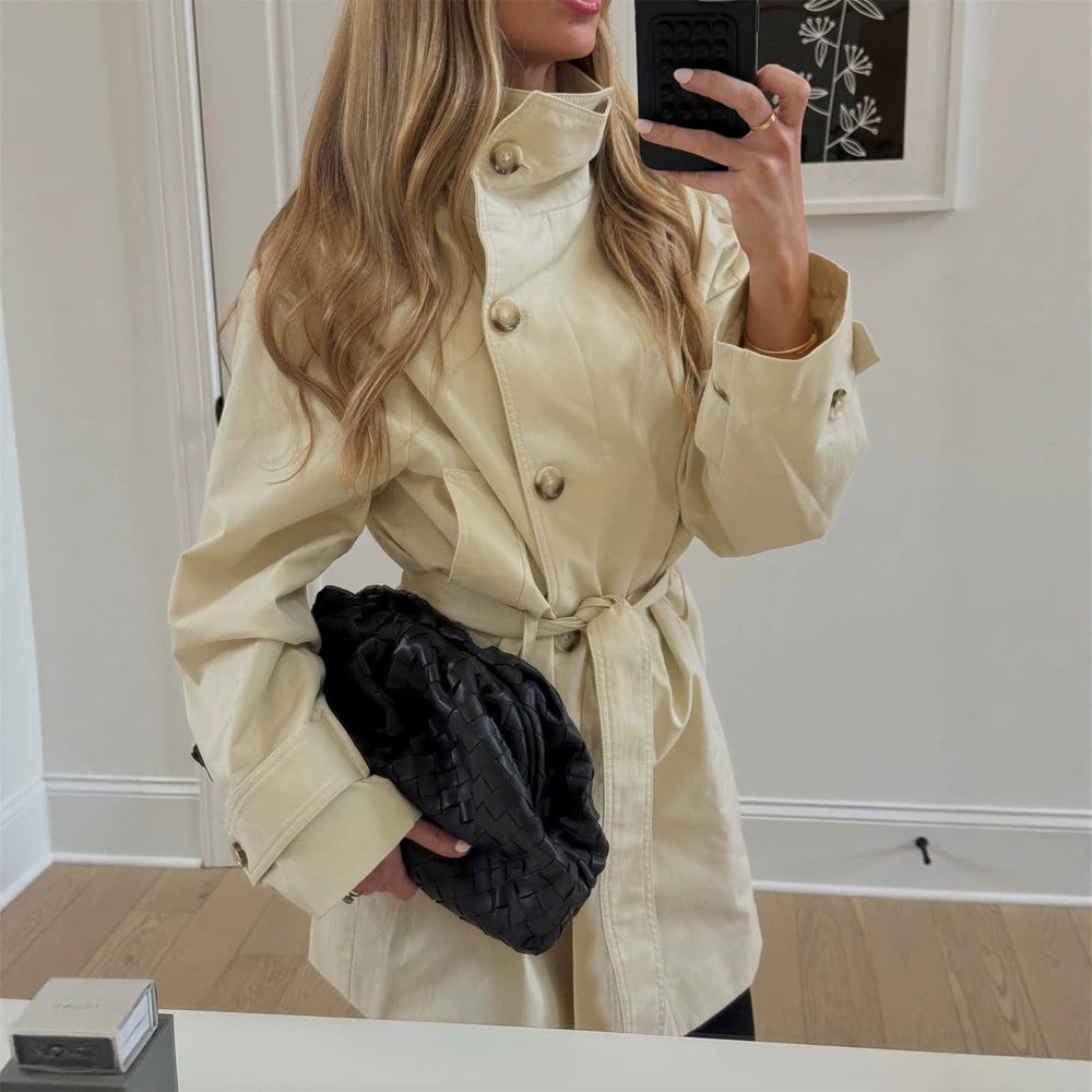Women Short Wind and Transitional Coat with High Standing Collar and Tie Belt Mune Fashion