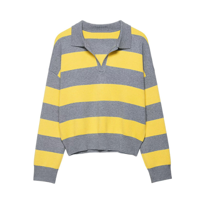 Women Striped Rugby Polo Sweater with V-Notch and Cropped Hem Mune Fashion