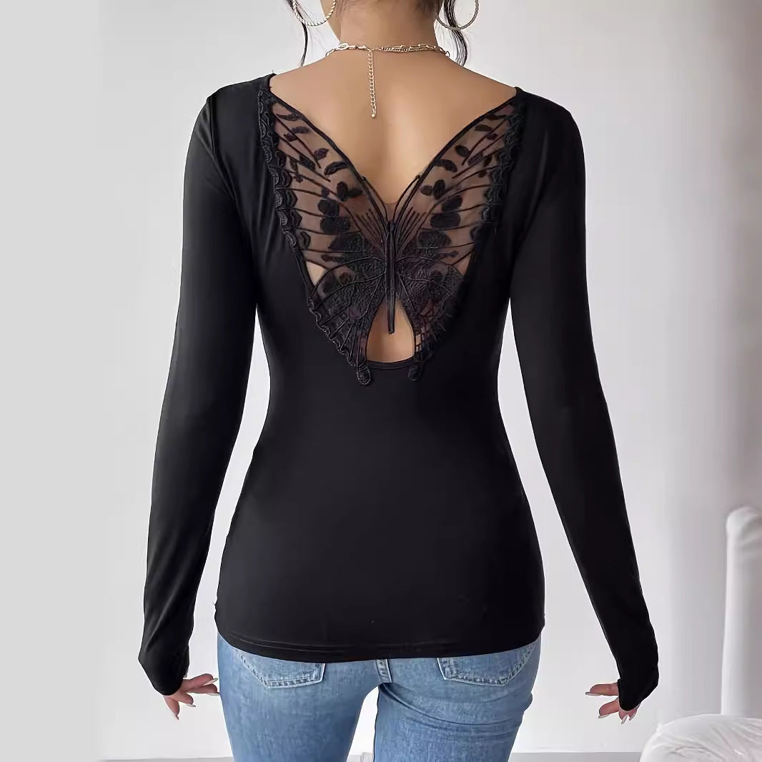 Women's fitted long-sleeve top with low back opening and embroidered butterfly lace insert Mune Fashion