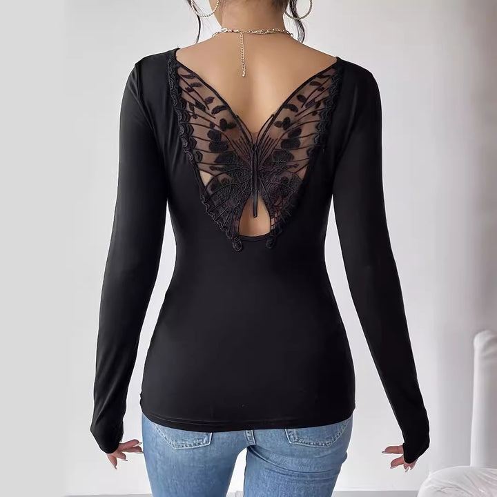 Women's fitted long-sleeve top with low back opening and embroidered butterfly lace insert Mune Fashion