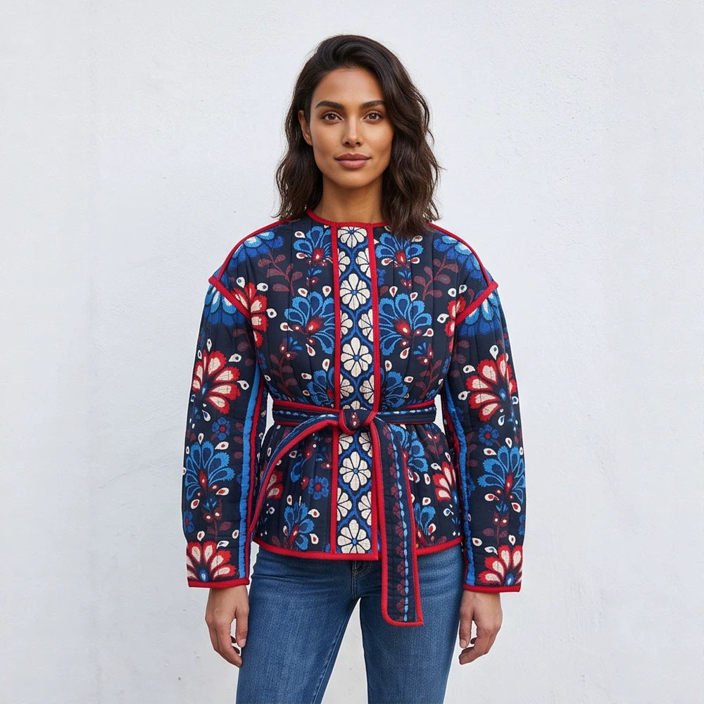 Women's Tailored Quilted Jacquard Cotton Jacket with Folk Floral Pattern & Tie Belt Mune Fashion