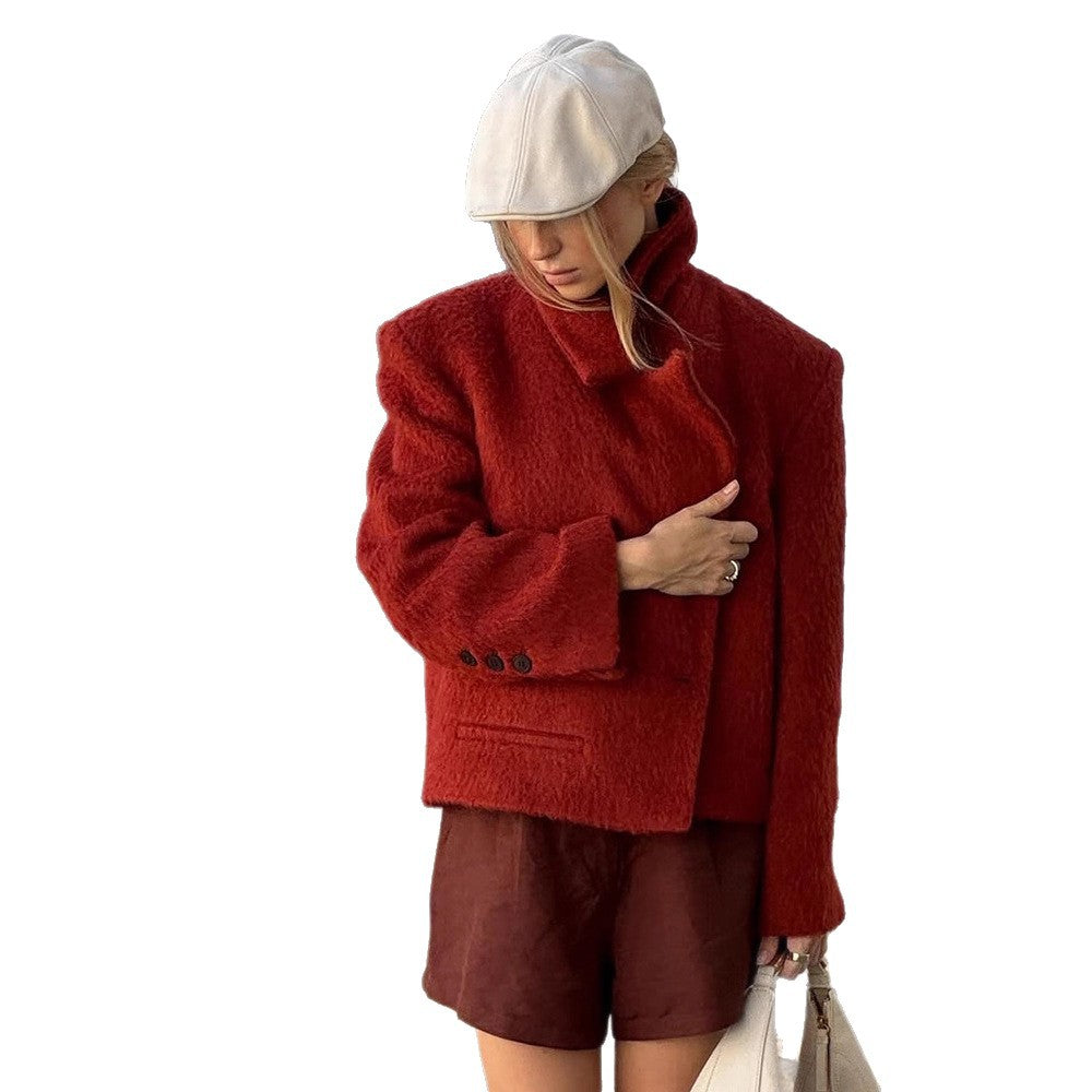Women's Short Boxy Faux Fur Jacket with Wide Lapels and Textured Fur Look Mune Fashion