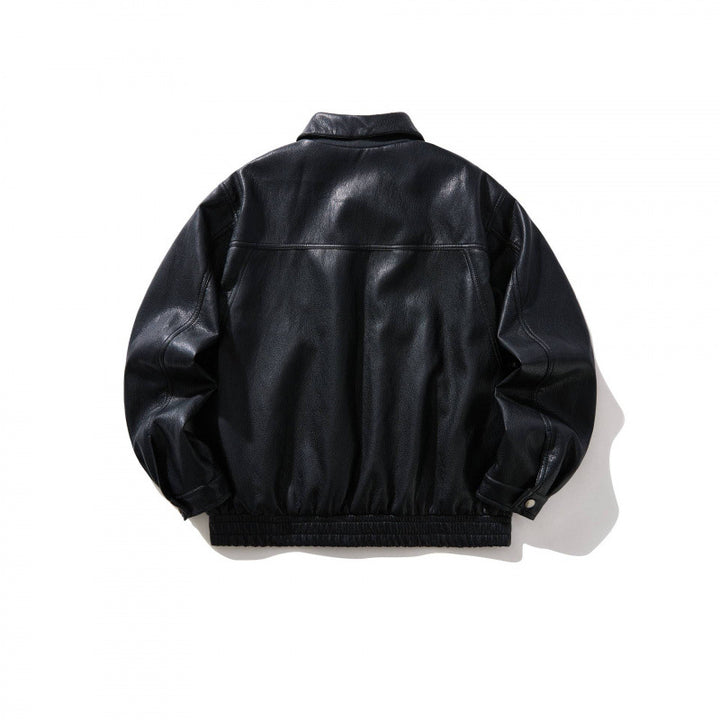 Men's Short-Cut Faux Leather Bomber Jacket with Shirt Collar, Full Zipper and Elastic Hem Mune Fashion