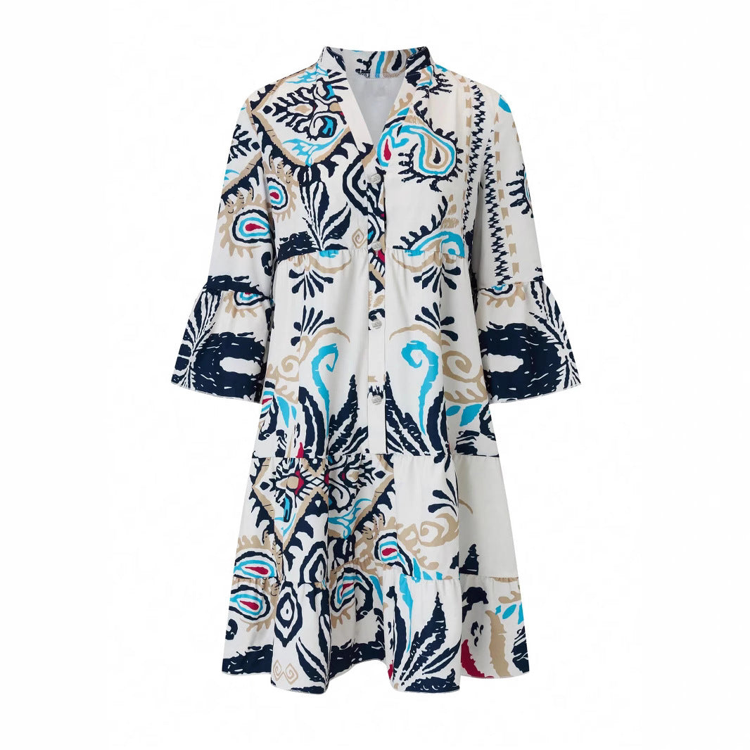 Women's Tiered Shirt Dress with Open Stand Collar, Button Placket and Three-Quarter Bell Sleeves Mune Fashion