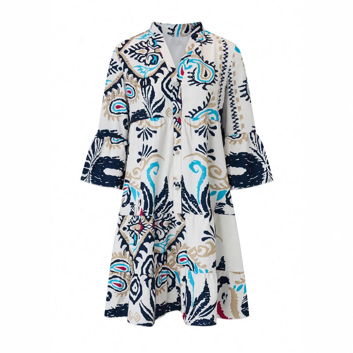 Women's Tiered Shirt Dress with Open Stand Collar, Button Placket and Three-Quarter Bell Sleeves Mune Fashion