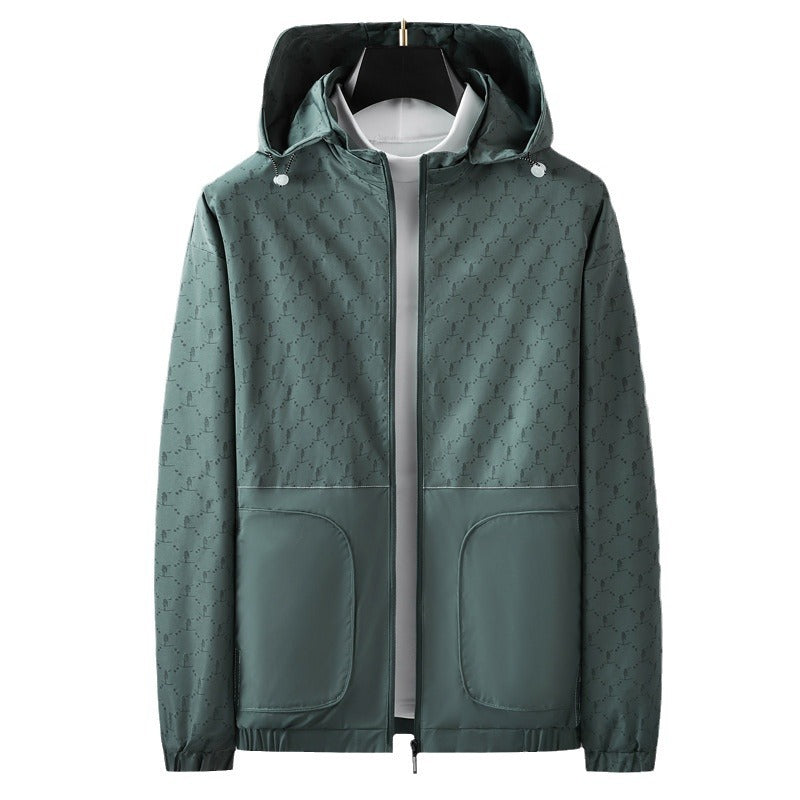 Men's Light Water-Repellent Hooded Outdoor Jacket with Allover Pattern and Large Pockets Mune Fashion