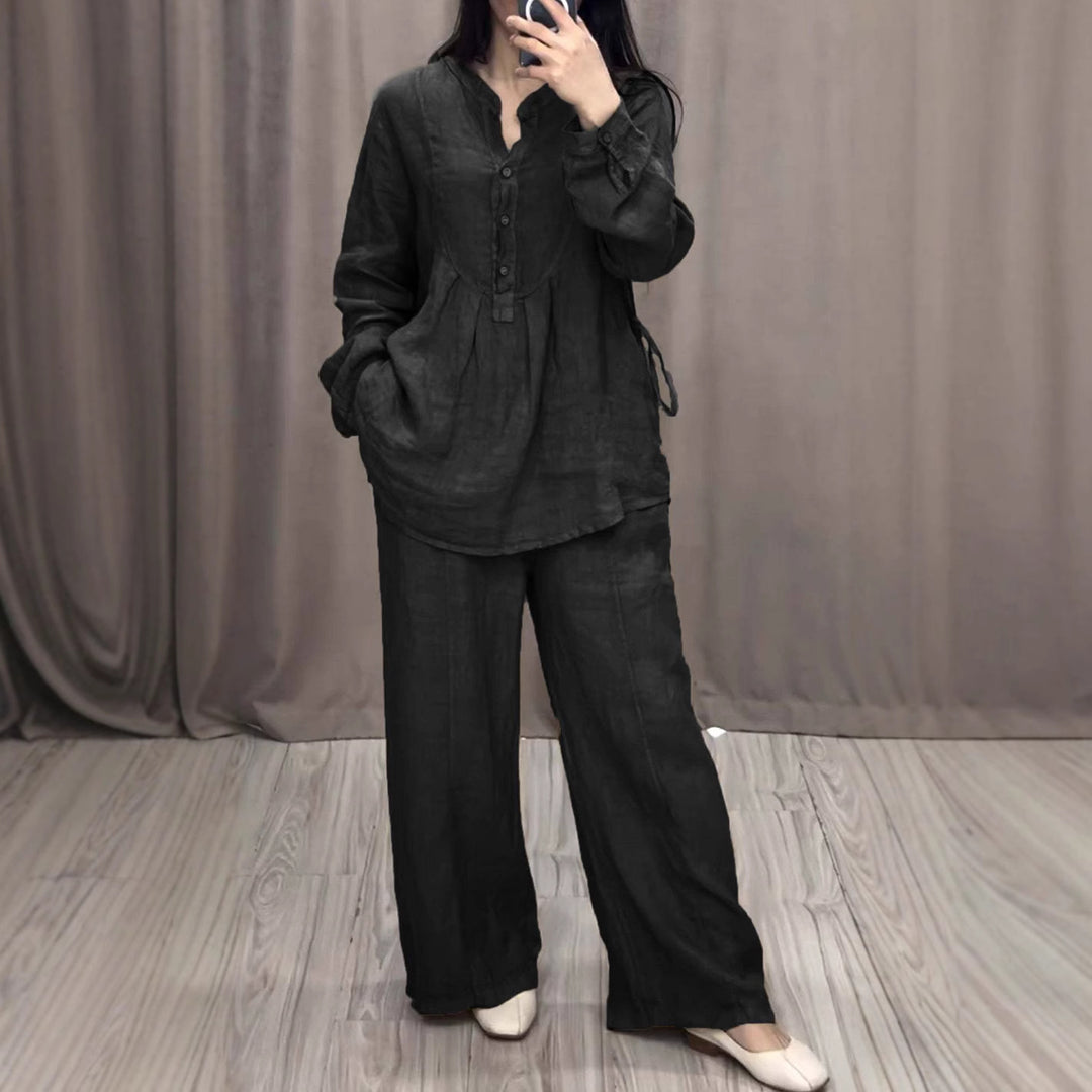 Ladies casual linen set tunic with wide leg, button placket and side pockets Mune Fashion