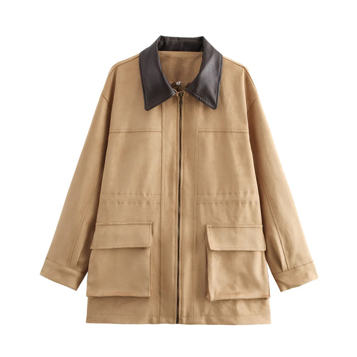 Ladies oversized field jacket with contrasting leather collar, concealed zipper, and large patch flap pockets Mune Fashion
