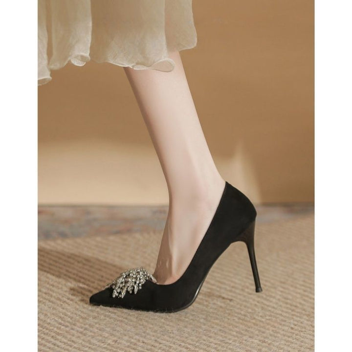 Women's pointed velvet pumps with high stiletto and crystal brooch Mune Fashion