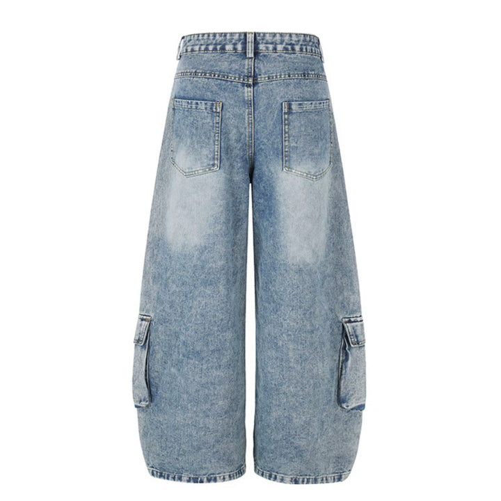 Women's High-Cut Wide Cargo Palazzo Jeans with Large Patch Pockets and Vintage Wash Mune Fashion