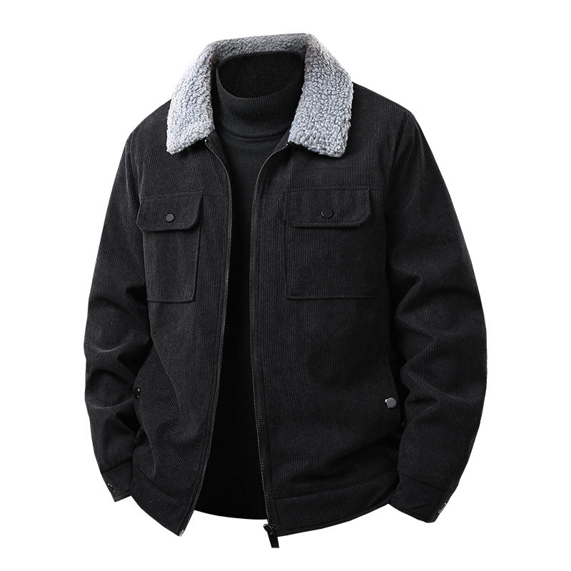 Men's cord work jacket with sherpa collar, concealed zipper, and multi-pocket chest pockets Mune Fashion