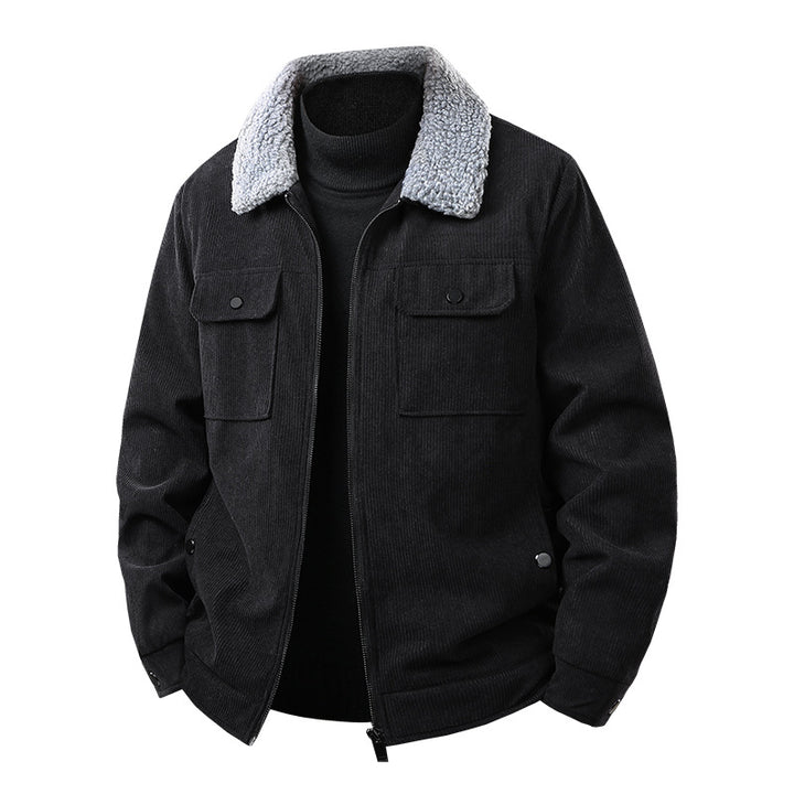 Men's cord work jacket with sherpa collar, concealed zipper, and multi-pocket chest pockets Mune Fashion