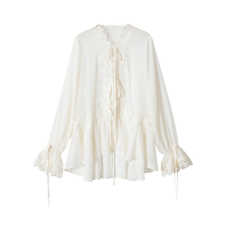 Ladies tunic blouse with lace appliqué, tying ribbons and ruffled hem Mune Fashion