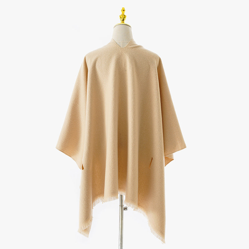 Women's Wrap Poncho with Tie Belt, V-Neck and Fringed Hem Mune Fashion