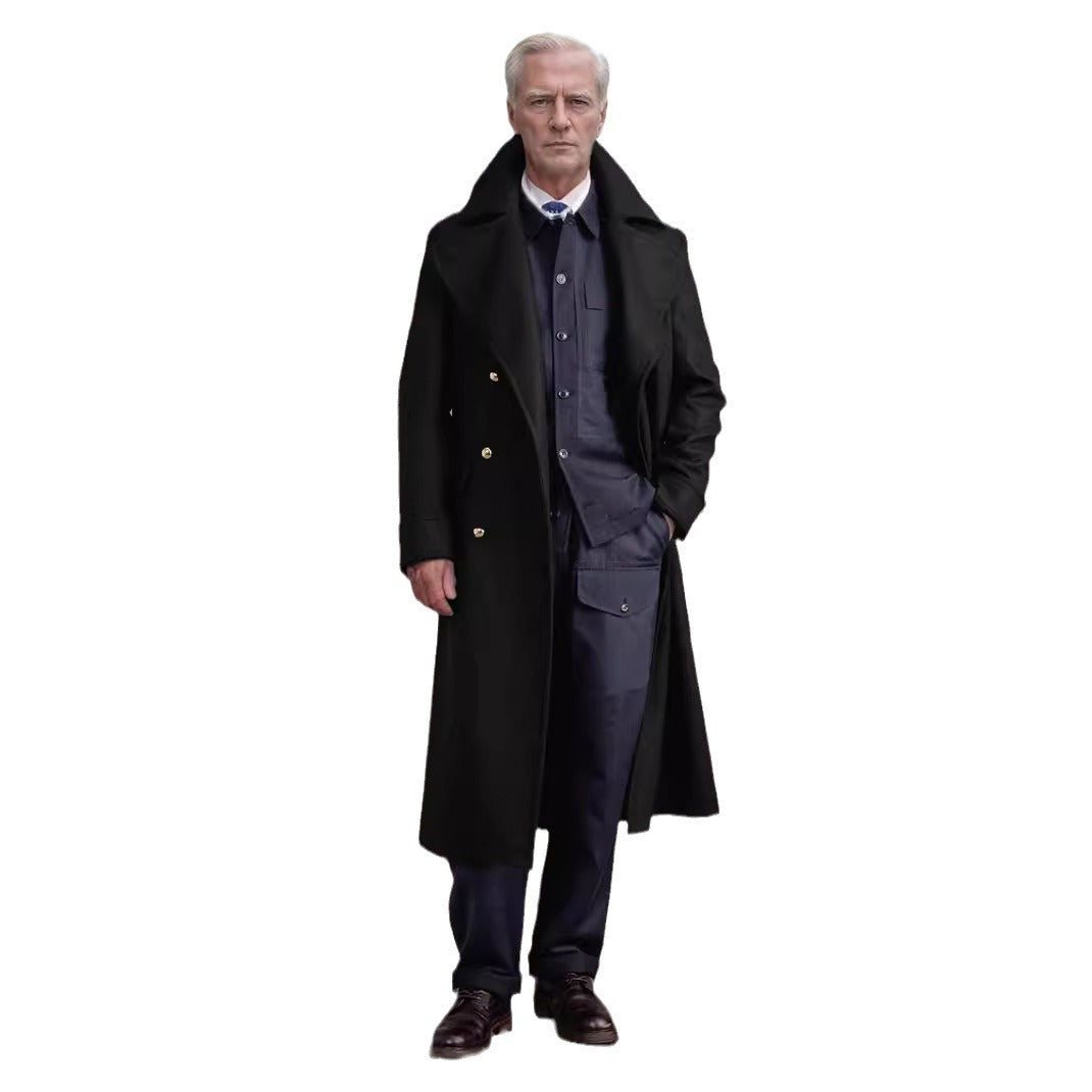 Men's longline coat in military look with wide shawl collar and striking decorative buttons Mune Fashion