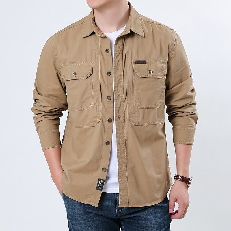 Men's casual utility shirt jacket made of cotton twill with two patch breast pockets and buttonable front.
