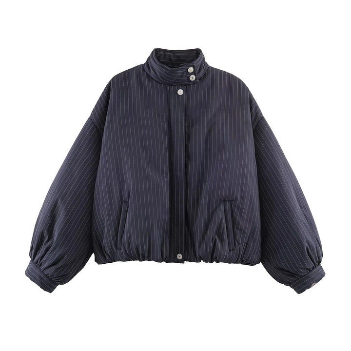 Women's oversized quilted bomber jacket with high stand-up collar and fine pinstripes Mune Fashion