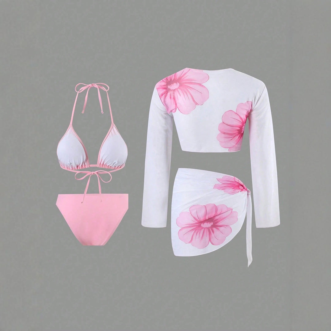 Women's bikini set with floral wrap cloth and long-sleeved top Mune Fashion