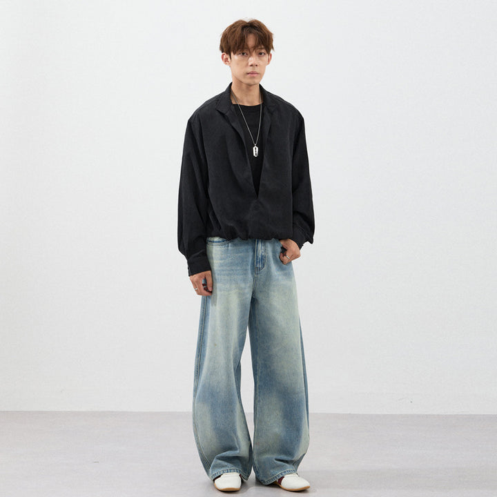Men's Extra Wide Two-Tone Denim Palazzo Pants with Block Panels and Deep Crotch Mune Fashion