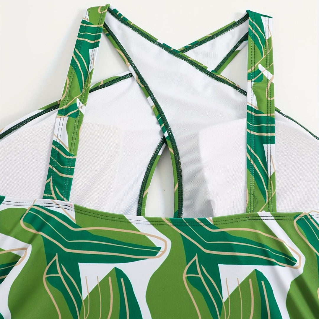 Women's one-piece swimsuit with modern cut and green leaf pattern Mune Fashion