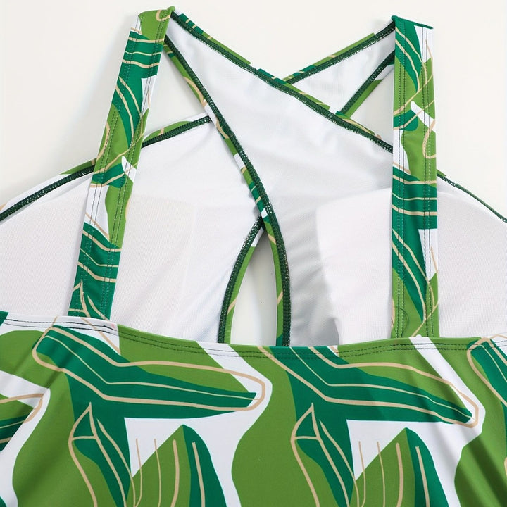 Women's one-piece swimsuit with modern cut and green leaf pattern Mune Fashion