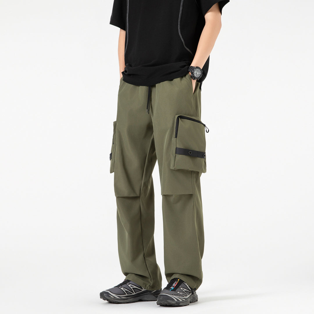 Men's Wide Utility Cargo Pants with Oversized Flap Pockets and Drawstring Waist Drune