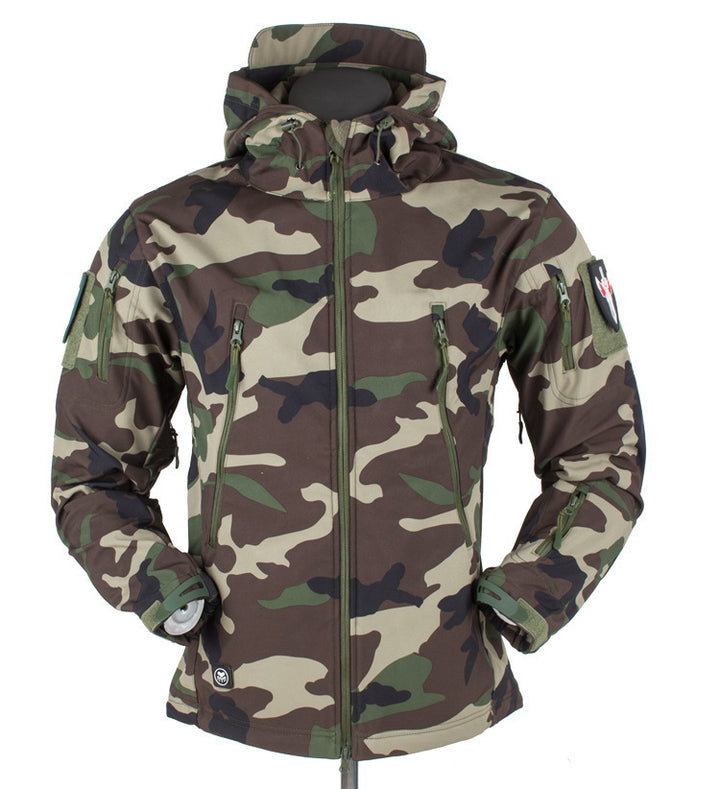 Men's Tactical Softshell Jacket with Hood, Camouflage Pattern and Multiple Zipper Pockets Mune Fashion