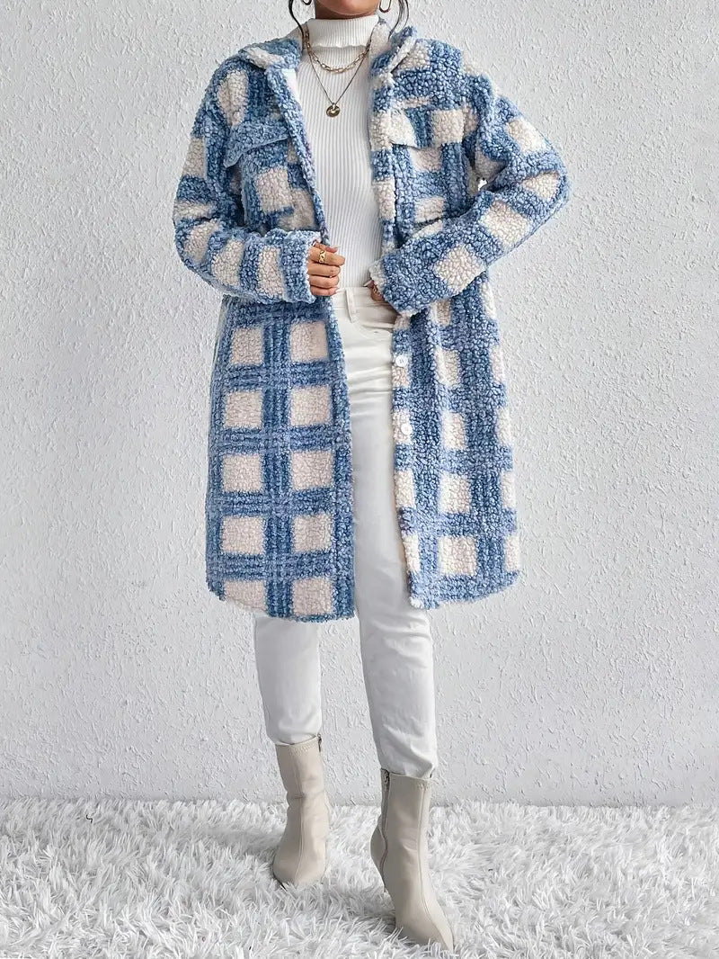 Women's teddy coat with large check pattern, shirt collar, and button closure Mune Fashion