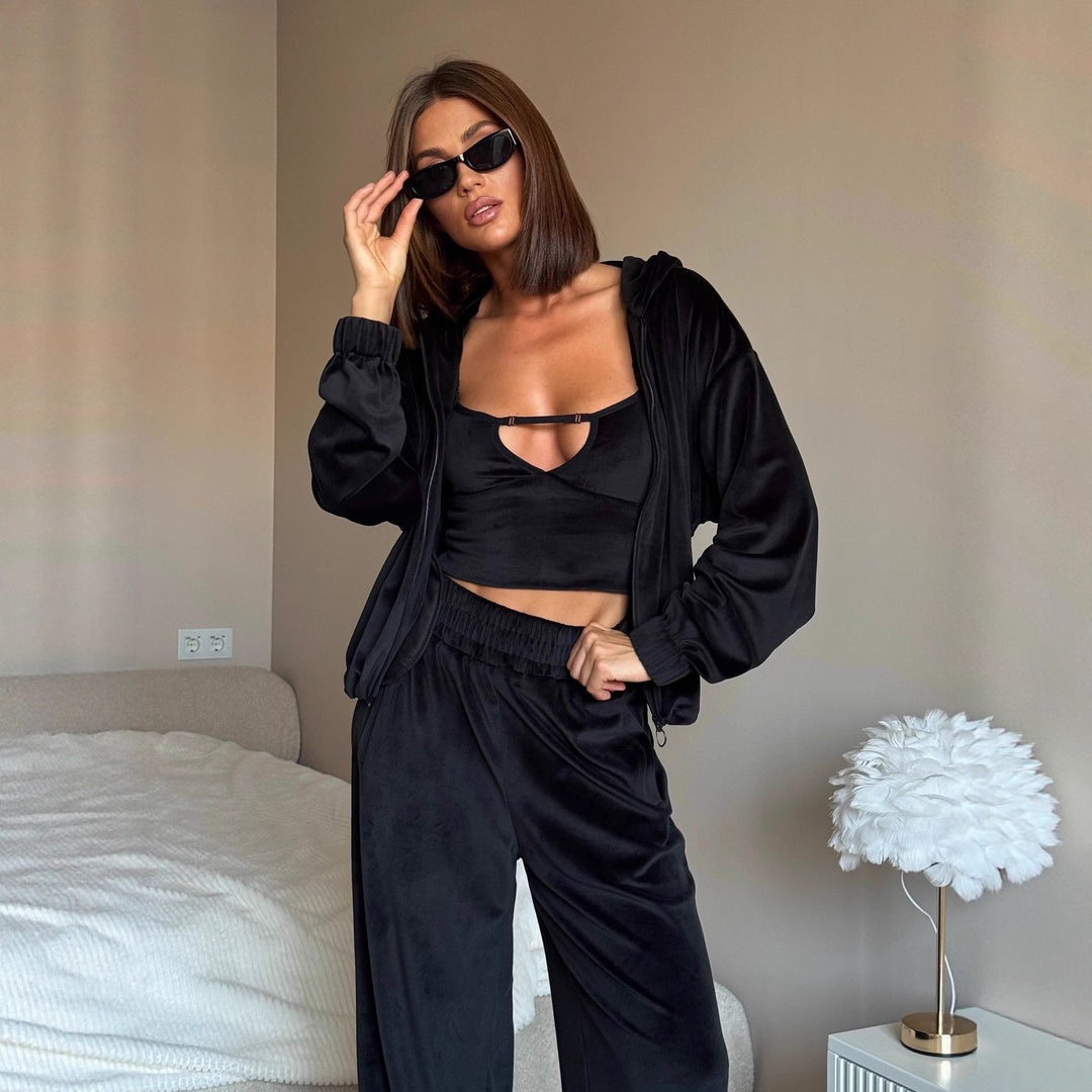 Women's loungewear set with lightweight zip hoodie, elastic cuffs, and wide palazzo pants Mune Fashion