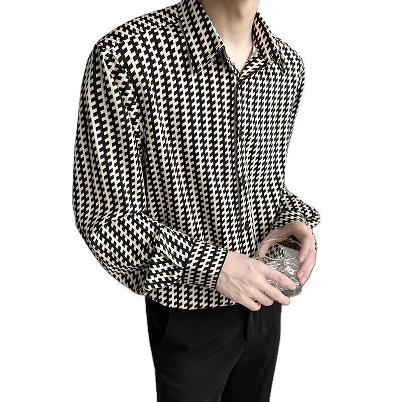 Men's Patterned Oversized Shirt with Houndstooth Motif and Classic Shirt Collar Mune Fashion