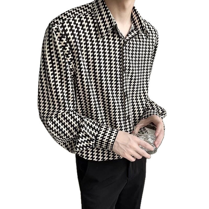 Men's Patterned Oversized Shirt with Houndstooth Motif and Classic Shirt Collar Mune Fashion