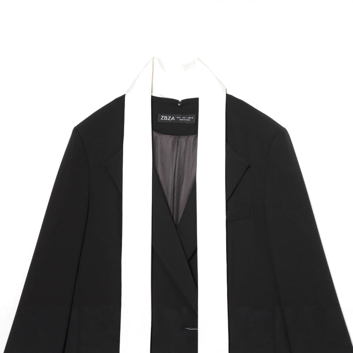 Women's tailored smoking jacket with contrasting shawl collar and long tie scarf Mune Fashion