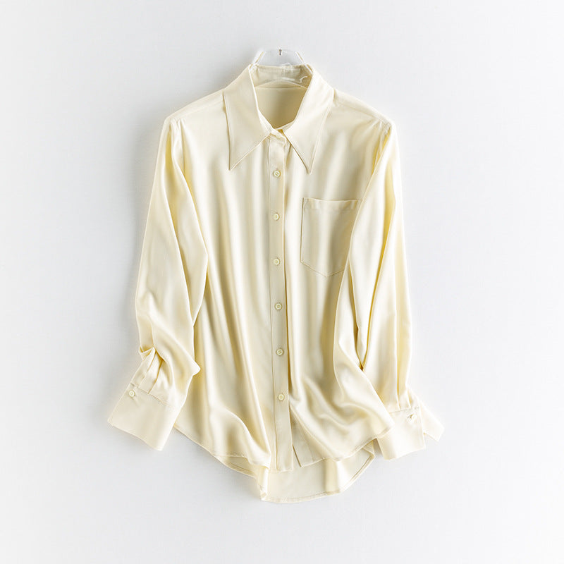 Women's silk-like oversized blouse with pointed shirt collar and chest pocket Mune Fashion