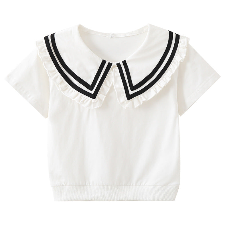 Girl T-shirt with elegant sailor collar and ruffle details Mune Fashion