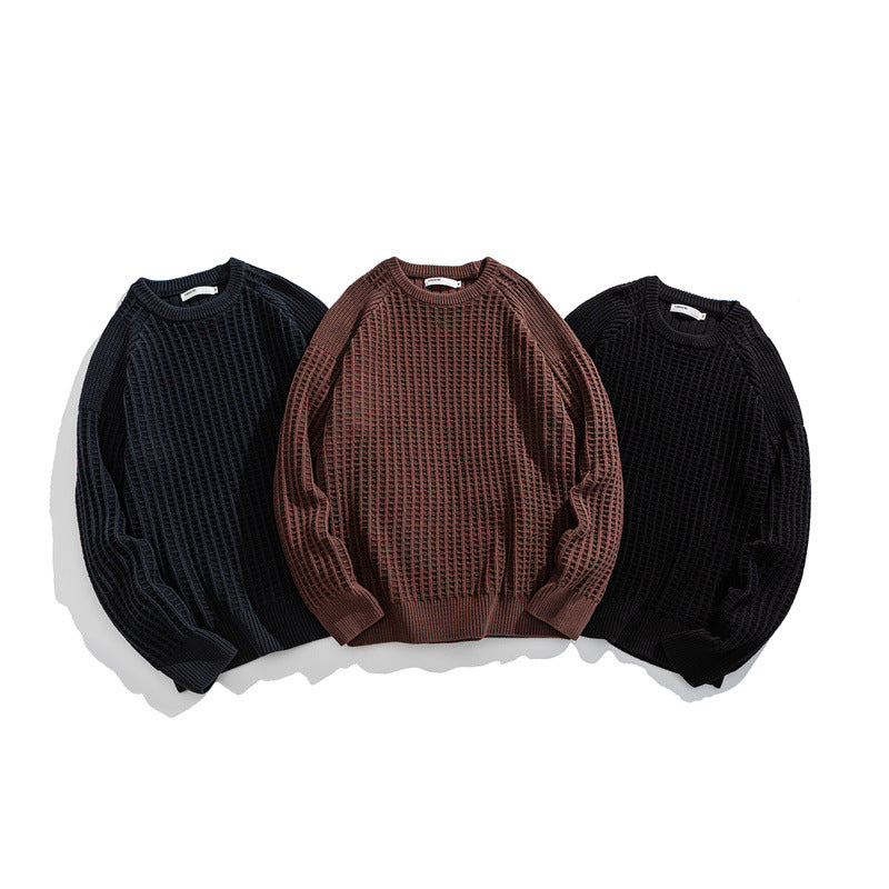 Men's Structured Waffle Knit Crew Neck Sweater with Raglan Sleeves Mune Fashion