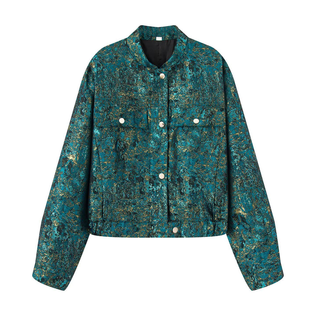 Women nan cropped boxy jacket with stand-up collar, snap button placket and patched breast flaps Mune Fashion