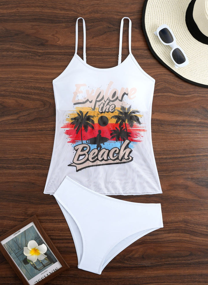 Ladies Tankini Set with sporty graphic design and high-waisted bottoms Mune Fashion