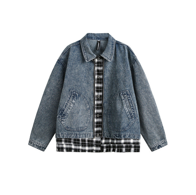 Unisex Kastig cut Denim jacket in layered look with checked lining Mune Fashion