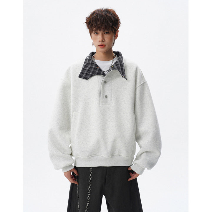 Unisex Oversized Sweatshirt with detachable checked collar and snap button placket Mune Fashion