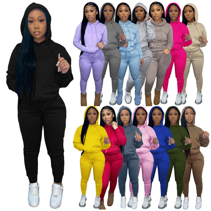 Women's Hooded Lounge Set with Kangaroo Pocket Tailored Jogging Pants and Cuffs Mune Fashion