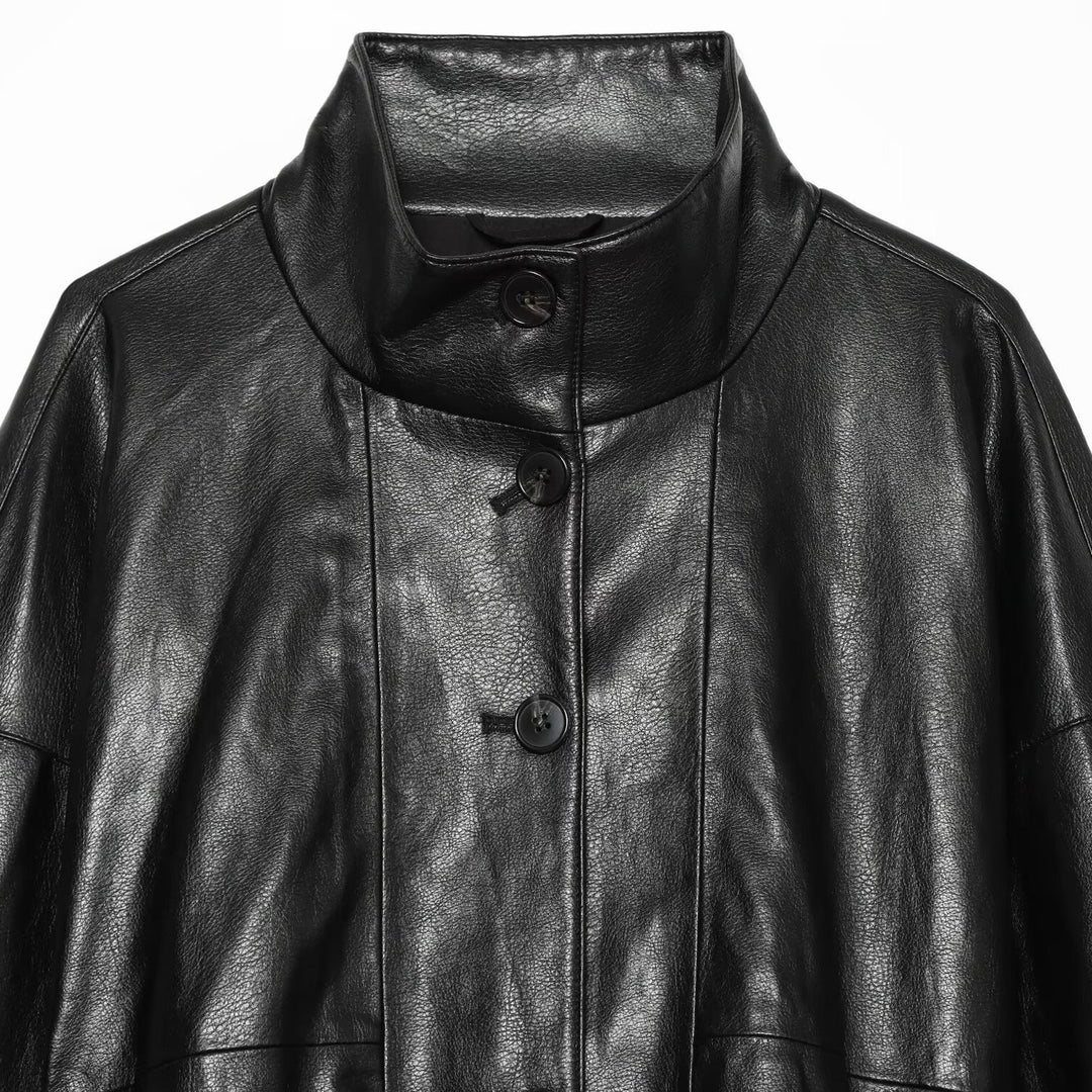 Women's Short Faux Leather Bomber Jacket with High Funnel Collar and Elastic Hem Mune Fashion