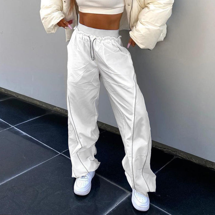 Women wide track pants with drawstring waistband, contrast seam design, and adjustable hem cords Mune Fashion