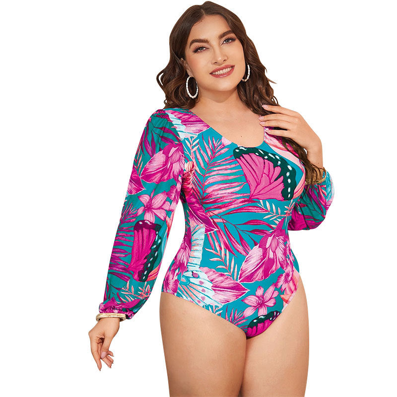 Women's One-Piece Swimsuit with Long Sleeves and Floral Pattern Mune Fashion