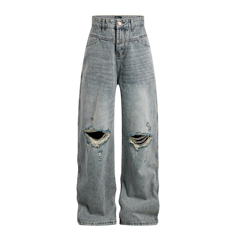 Women's Wide High-Cut Palazzo Jeans with Destroyed Knee Part
